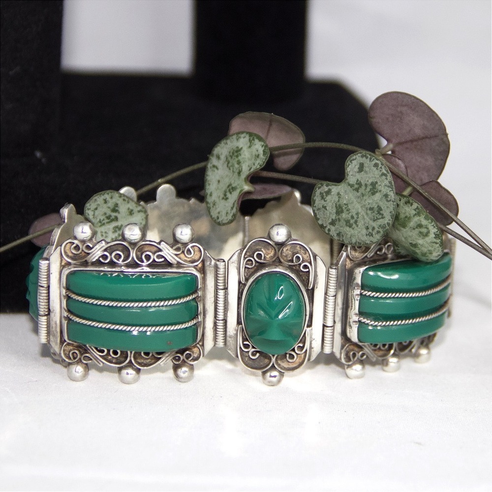 Vintage Mexican Sterling Silver Green Mask Panel Link Bracelet 7in Taxco Style